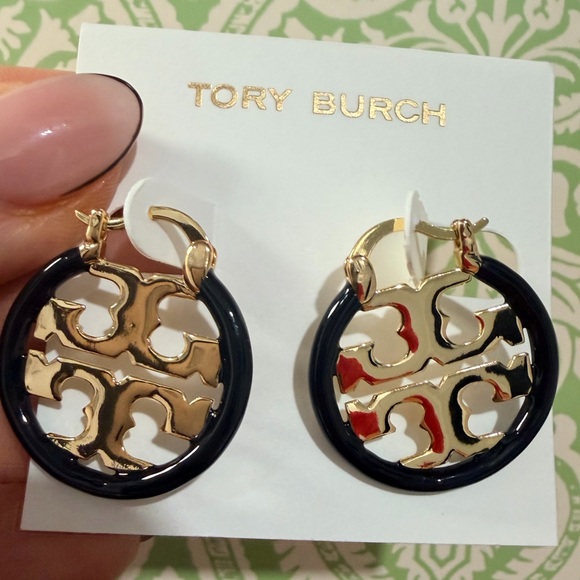 Tory Burch Jewelry - Tory Burch Miller Small Hoop Earrings Black Ename